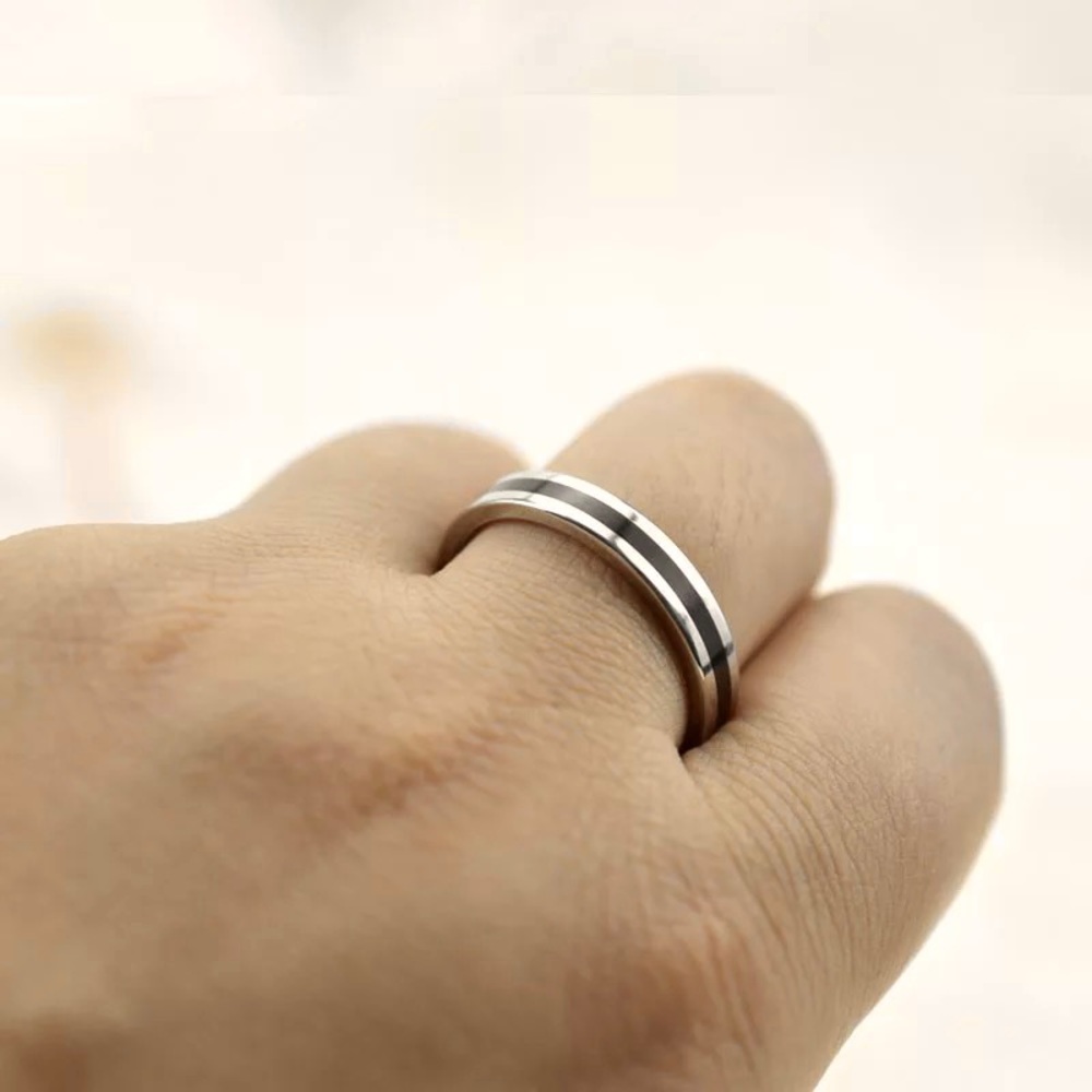 Black White Enamel Coated Ring Wedding Band - Picture 16 of 16